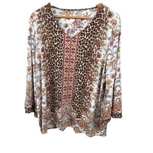 Chico's Women Size 2 Large Floral Leopard Geometric 3/4 Sleeve V-Neck Blouse Top